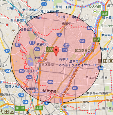 【R1web】地図上の距離計測 v466 円での範囲表示
